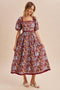 Burgundy Floral Square Neck Puff Sleeve Midi Dress
