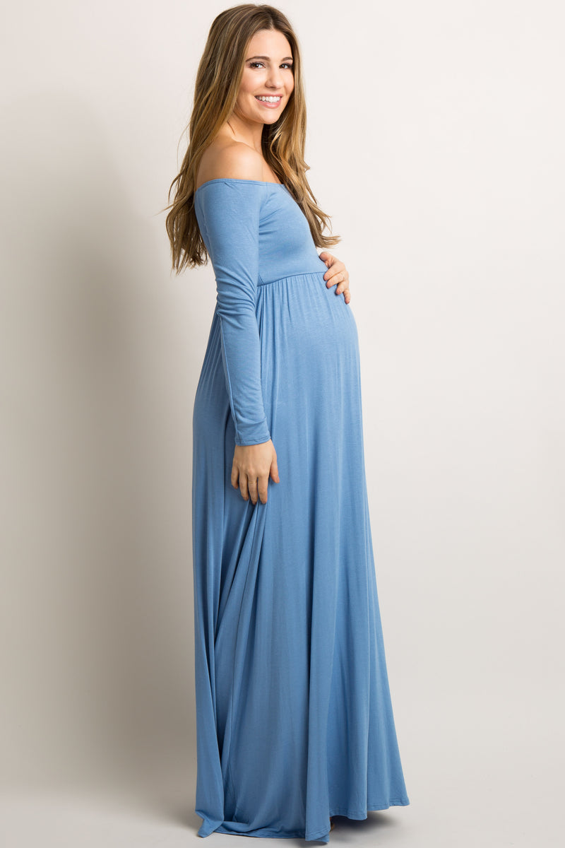 PinkBlush Light Blue Floral Off Shoulder Maternity Maxi Dress main image 1