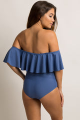 Blue Grey Ruffle Trim Ruched One-Piece Maternity Swimsuit