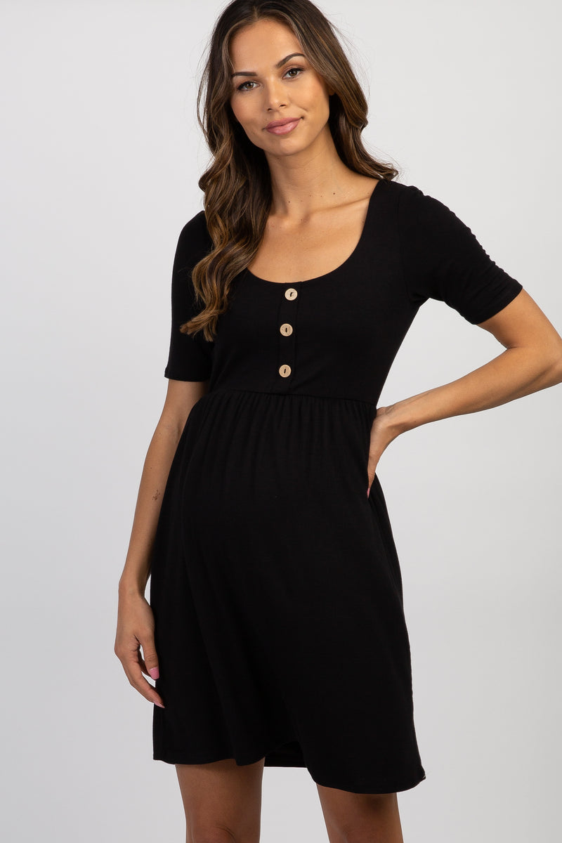 Black Velour Button Up Maternity Dress