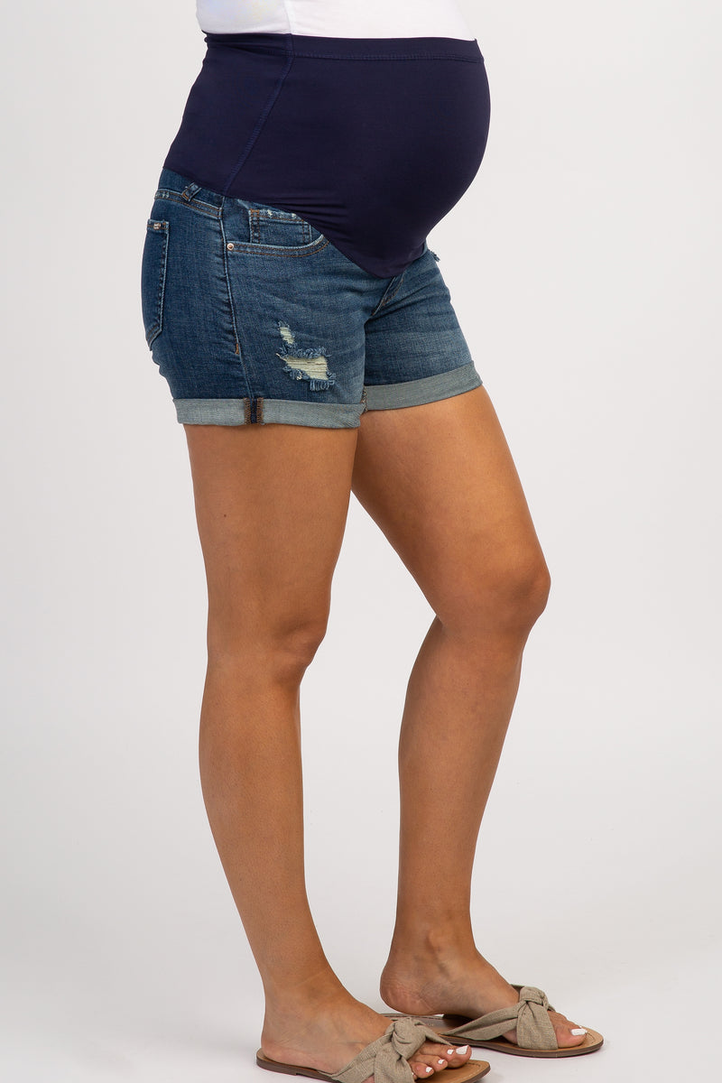 Blue Distressed Cuffed Maternity Denim Shorts