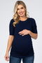 Navy Ribbed Ruched Fitted Maternity Top