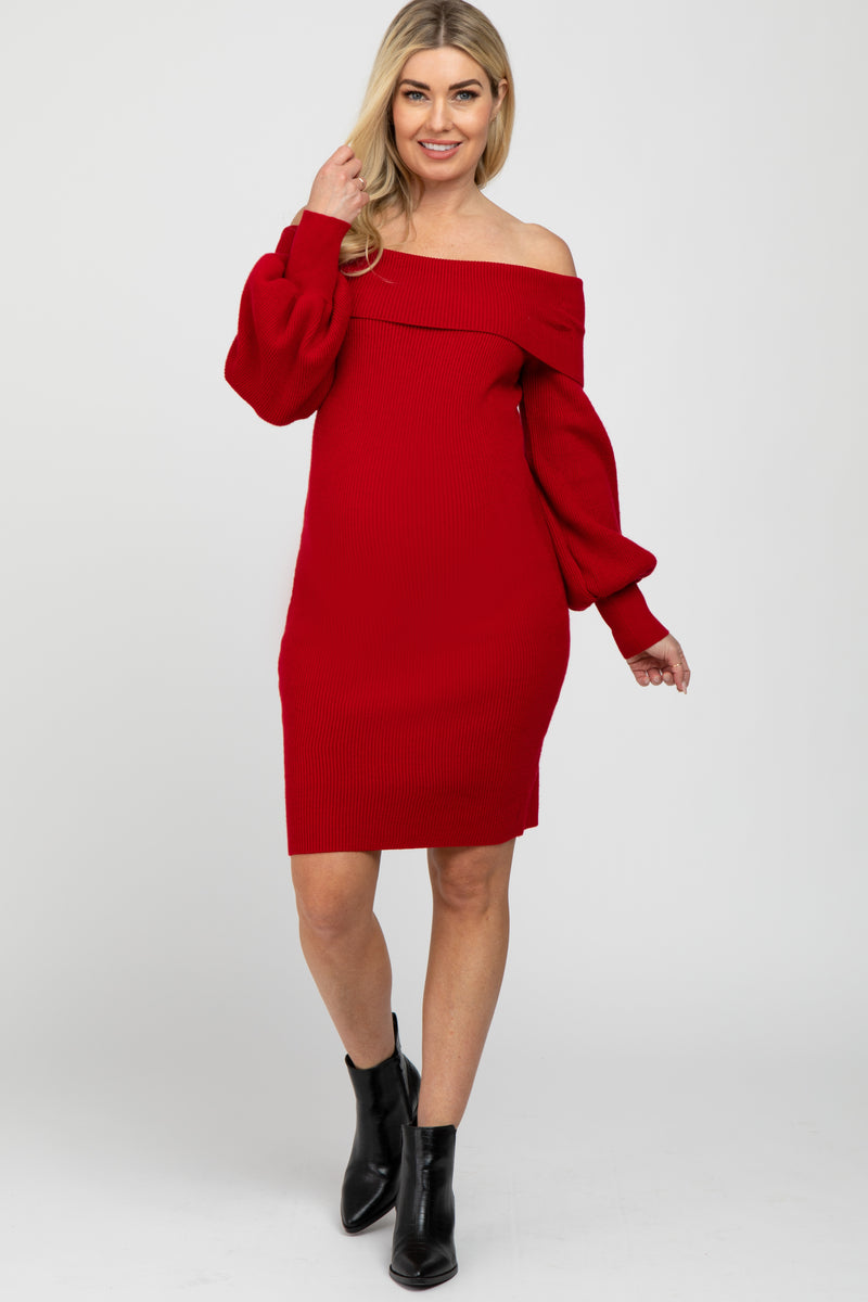 red off the shoulder sweater dress Plaid Off-Shoulder Knit WE724 My Store a perfect blend of romance Bubble Sleeve Red Off The