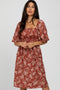 Rust Floral Square Neck Smocked Midi Dress