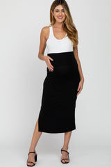 Black Solid Side Slit Maternity Midi Skirt