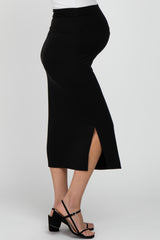 Black Solid Side Slit Maternity Midi Skirt