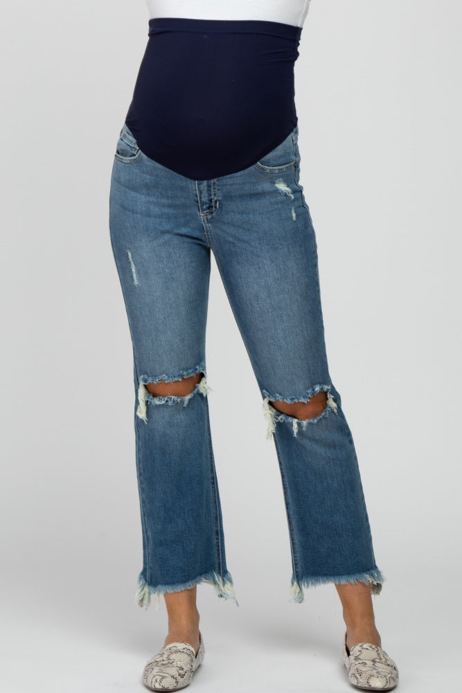 Light Blue Distressed Open Knee Cropped Wide Leg Maternity Jeans