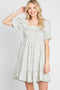 Light Olive Floral Square Neck Smocked Ruffle Hem Dress