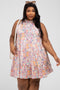 Pink Abstract Print Ruffle Neck Plus Dress