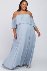 Light Blue Chiffon Off Shoulder Maternity Plus Gown