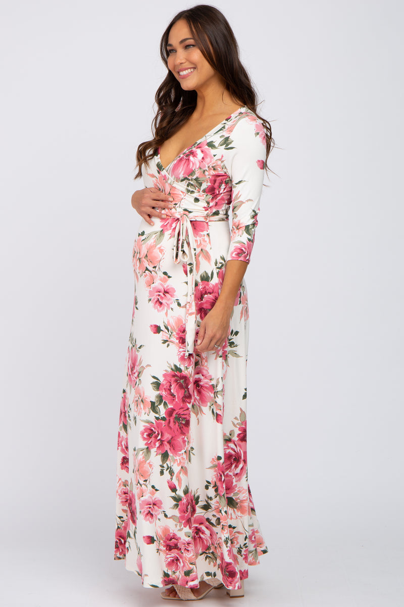Floral Print Pink Rayon Maternity Wrap Top main image 1