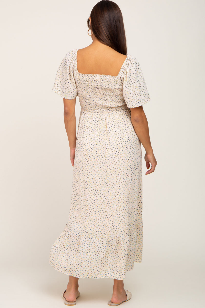Cream-Coloured & Pink Floral Maternity Midi Dress main image 1