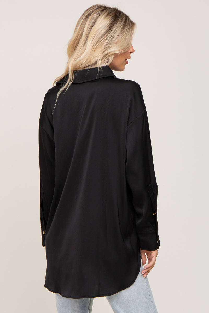 Braylee Satin Button Down Blouse Top - Black