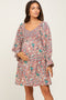 Burgundy Floral Smocked Ruffle Accent Maternity Dress