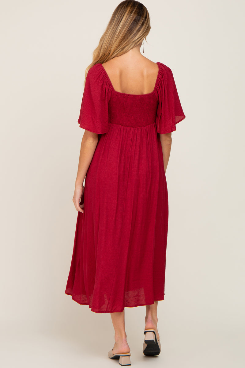 Coral Front Tie Ruffle Sleeve Maternity Midi Dress