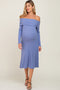 Blue Ribbed Knit Foldover Off Shoulder Maternity Midi Dress