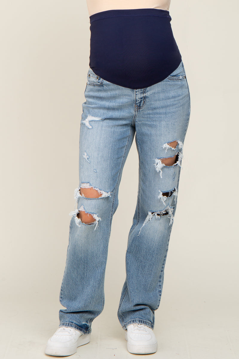 Blue Distressed Cuff Straight Leg Maternity Jeans main image 0