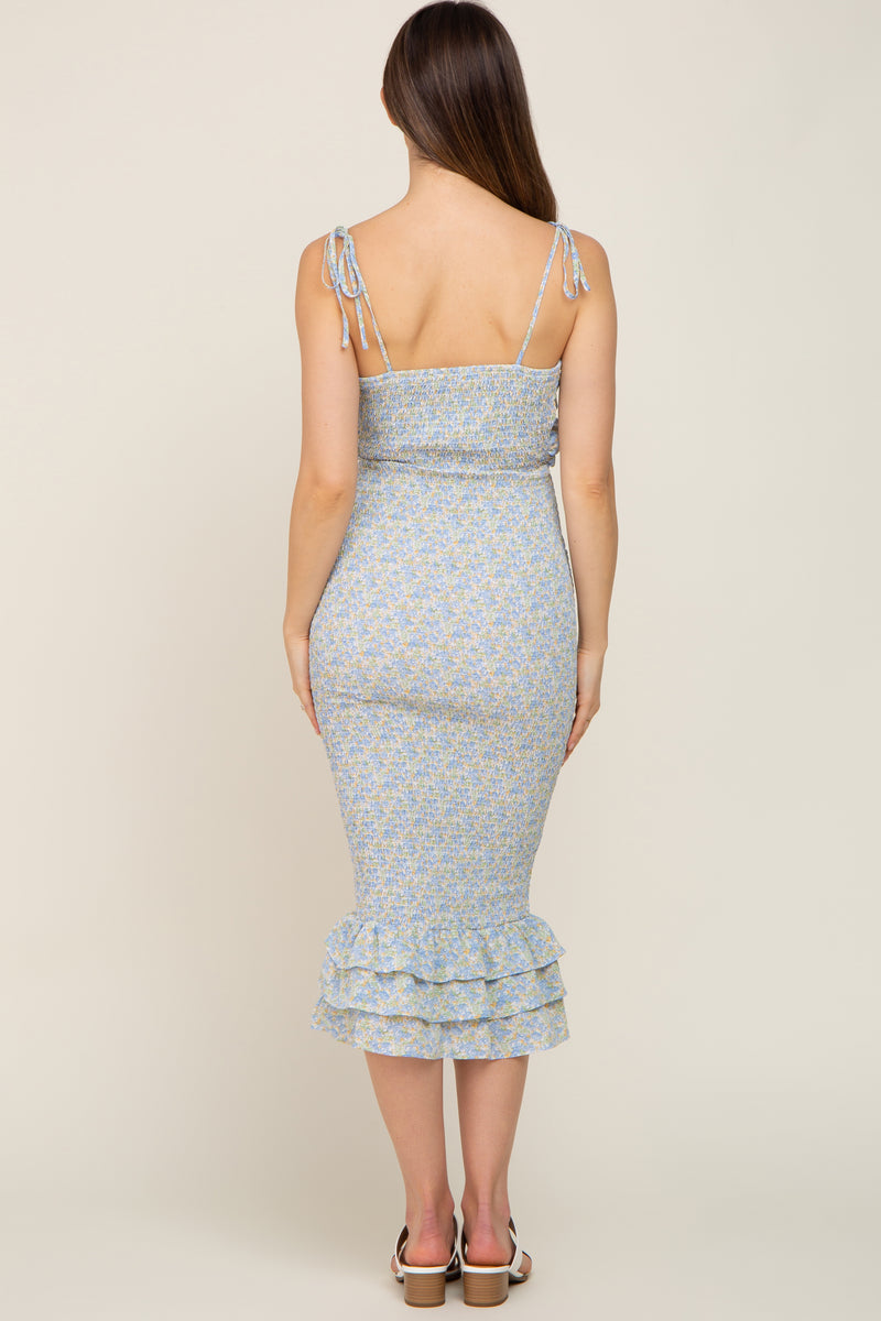 Blue Floral Peated Maternity Midi Dress main image 1