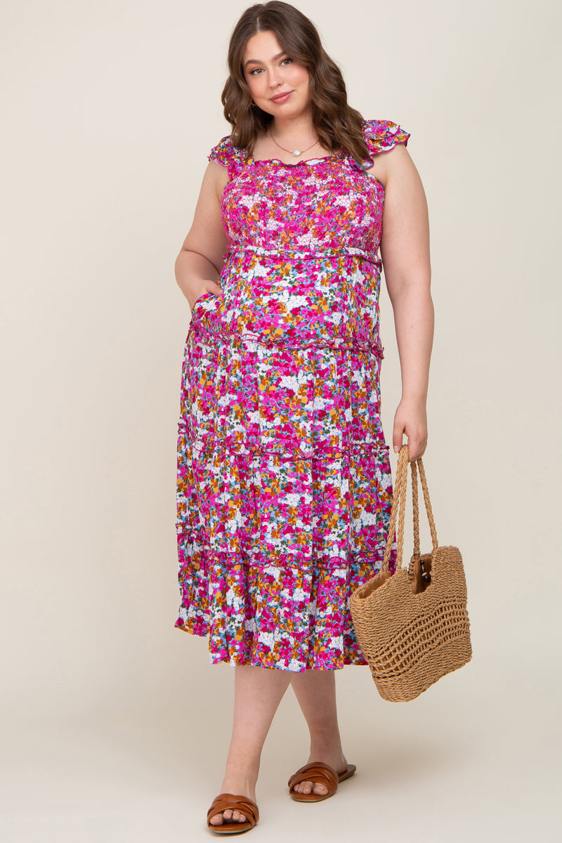 Magenta Smocked Ruffle Hem Maternity Maxi Dress