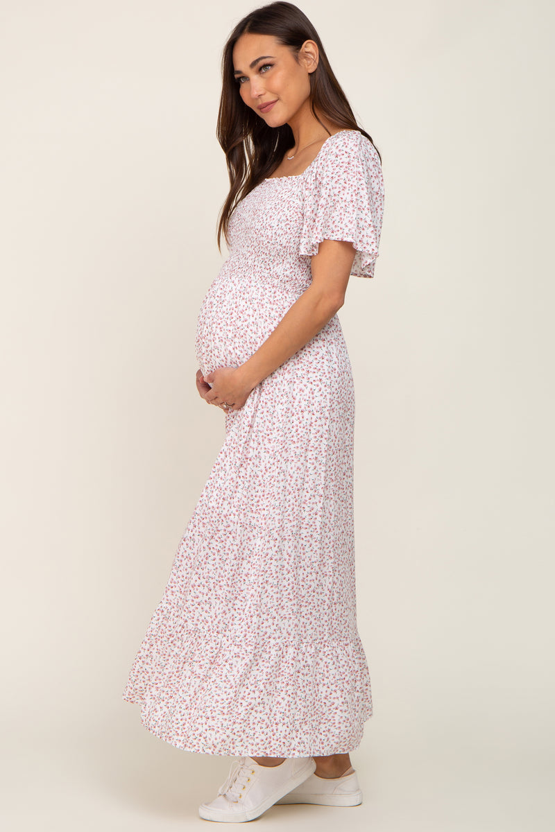 Ivory Floral Twisted Front Lace Detail Maternity Maxi Dress