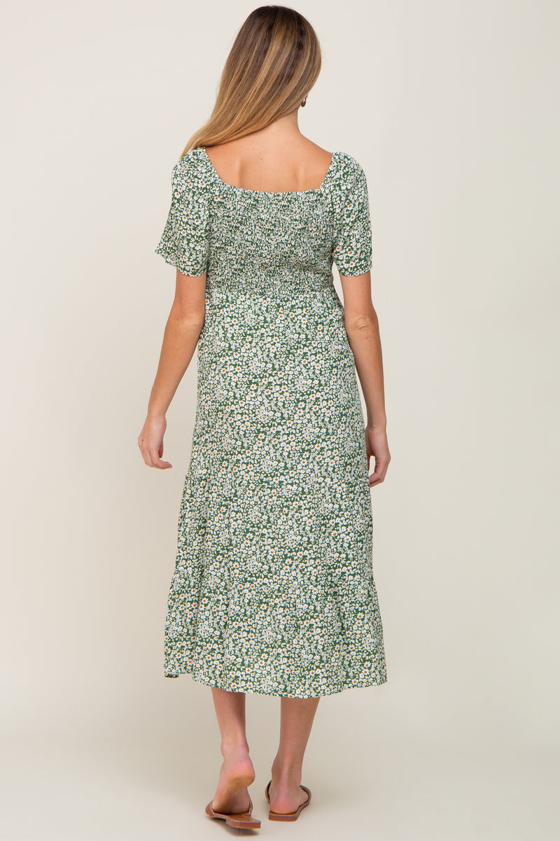 Green Floral Smocked Off Shoulder Maternity Midi Dress– PinkBlush