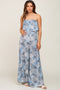 Blue Printed Strapless Ruffle Hem Maternity Jumpsuit