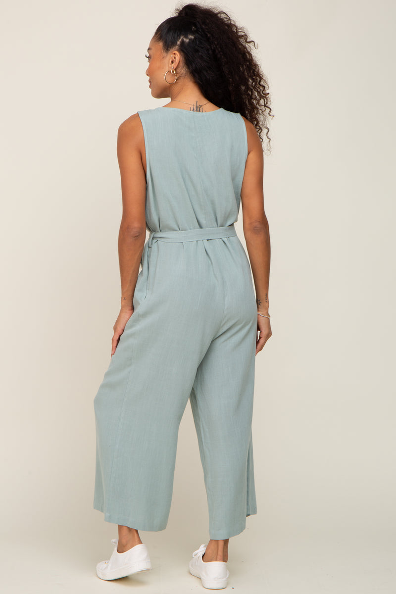 Belted Button Front Cropped Jumpsuit