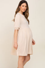 Cream High Neck Puff Sleeve Maternity Dress