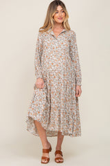 Beige Floral Button Front Long Sleeve Tiered Maternity Midi Dress
