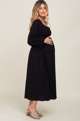 Black Gauze Smocked Maternity Midi Dress