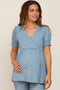Blue Puff Sleeve Crossover Maternity/Nursing Top