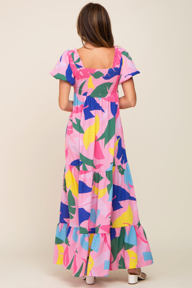 Printed Puff Sleeve Dress - Pink