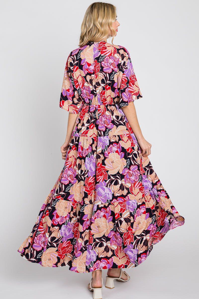 Blue Floral Maxi Dress With Tassel Tie, V-Neck main image 1