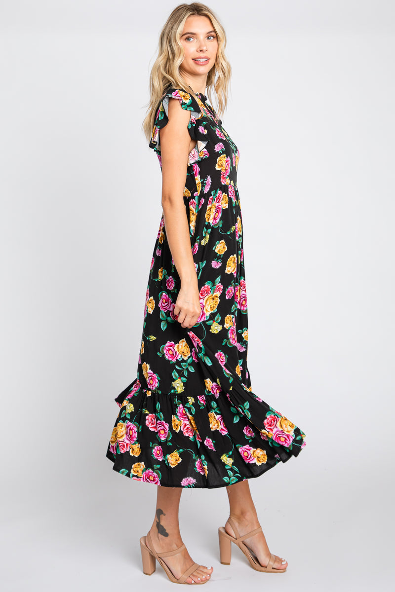 Women's Black Floral Midi Dress | Sleeveless Ruffle Straps | Elegant Casual & Summer Wear