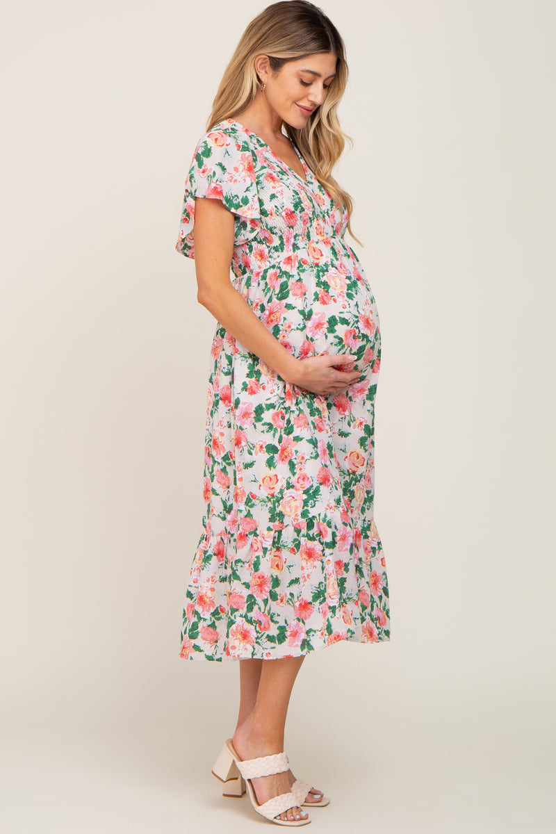 Cream Floral Smocked Maternity Midi Dress main image 0