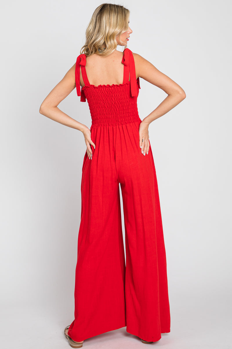 Short Bubble Sleeve Smocked Wide Leg Jumpsuit main image 1