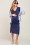 Navy V-Neck Short Sleeve Side Slit Maternity Midi Dress