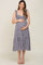 Navy Blue Checkered Linen Sweetheart Neck Ruffle Strap Maternity Midi Dress