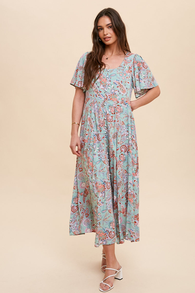 Plus Size Green Floral Print Flutter Sleeve Mesh Midi Dress
