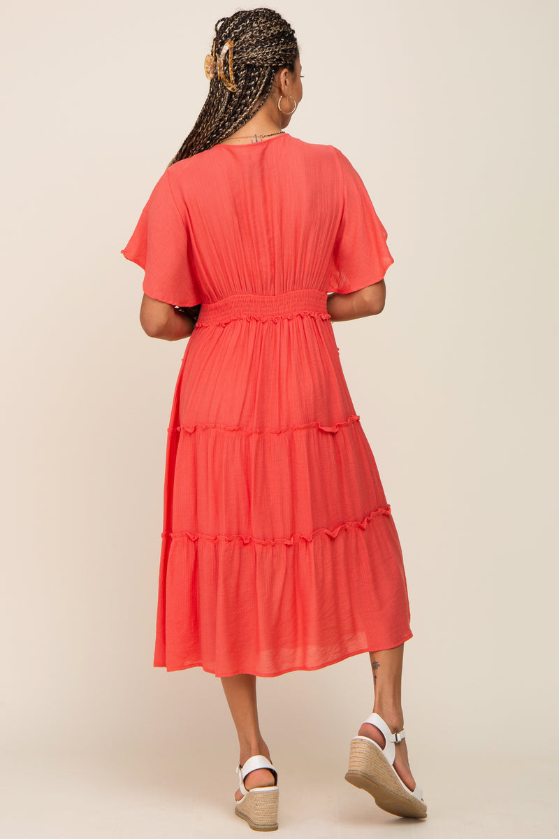 MKT STUDIO Womens Coral Ruffled Elastic Waist Printed Sleeveless V Neck Midi Fit + Flare Dress main image 1