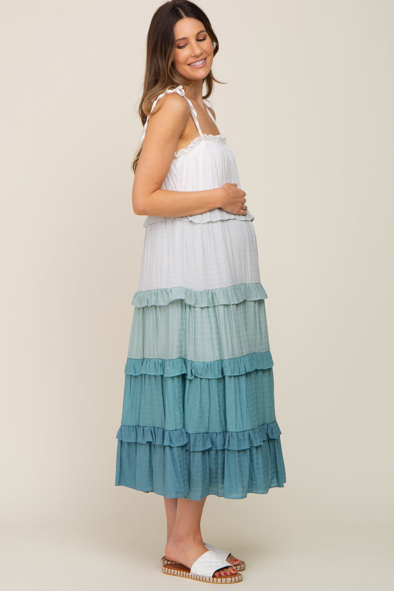 Light Teal Colorblock Stripe Shoulder Tie Maternity Midi Dress main image 1