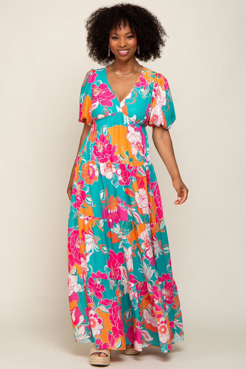 Teal Floral Puff Sleeve Tiered Maxi Dress– PinkBlush