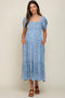 Blue Floral Smocked Short Sleeve Maternity Midi Dress