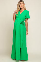 Green Chiffon Short Sleeve Wrap V-Neck Front Slit Maternity Maxi Dress