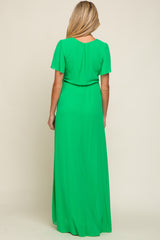 Green Chiffon Short Sleeve Wrap V-Neck Front Slit Maternity Maxi Dress