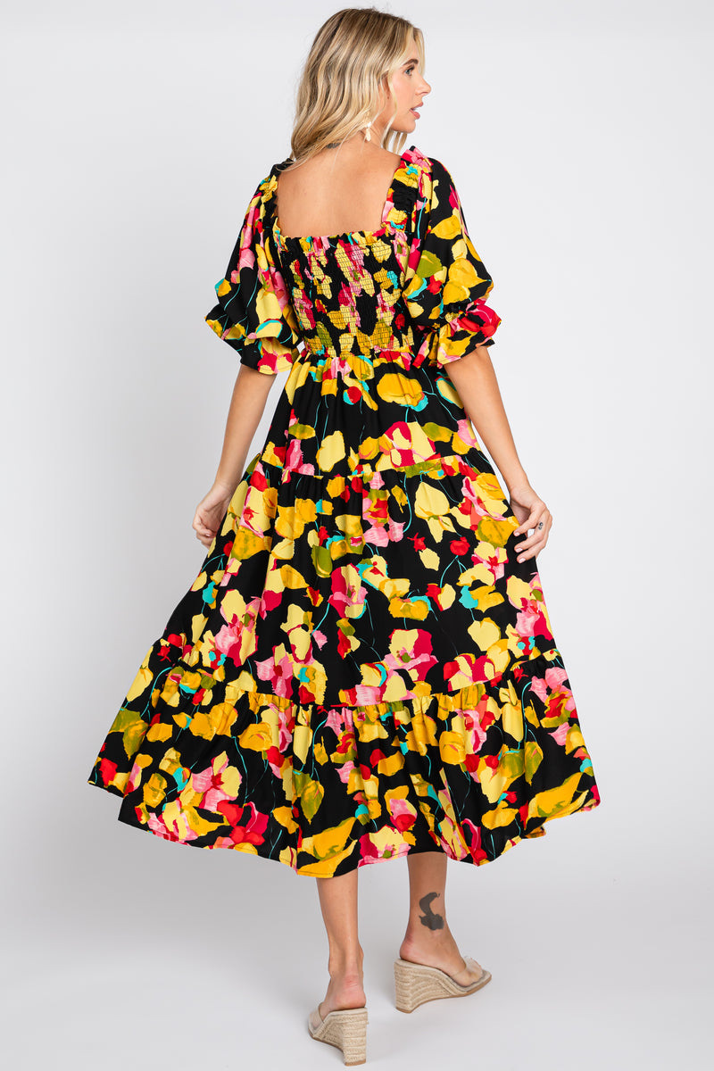Floral Splicing Puff Sleeve Midi Dress