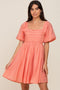 Salmon Square Neck Puff Short Sleeve Dress