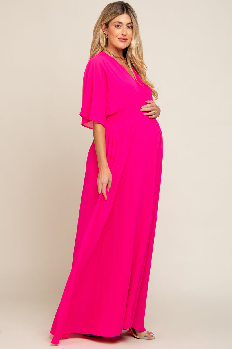 Fuchsia Smocked Ruffle Off Shoulder Tiered Maternity Maxi Dress main image 0