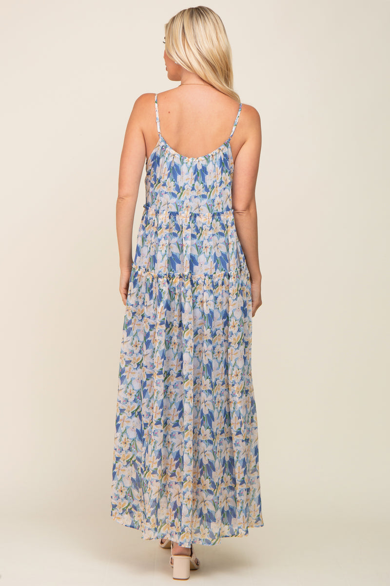 Women's Blue Floral Chiffon Fit & Flare Maxi Dress