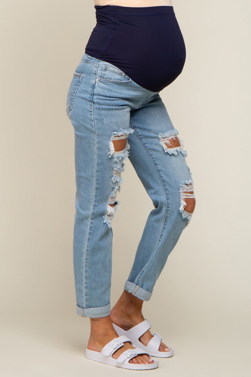 Light Blue Distressed Cuffed Maternity Skinny Jeans  PinkBlush
